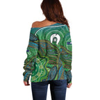 Torres Strait Islands Off Shoulder Sweater Indigenous Ocean Wave Dot Green Color