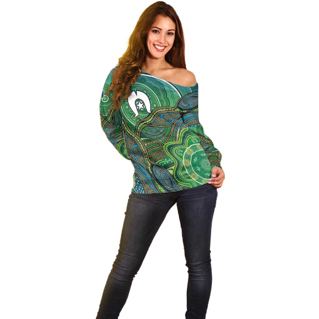 Torres Strait Islands Off Shoulder Sweater Indigenous Ocean Wave Dot Green Color