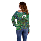 Torres Strait Islands Off Shoulder Sweater Indigenous Ocean Wave Dot Green Color