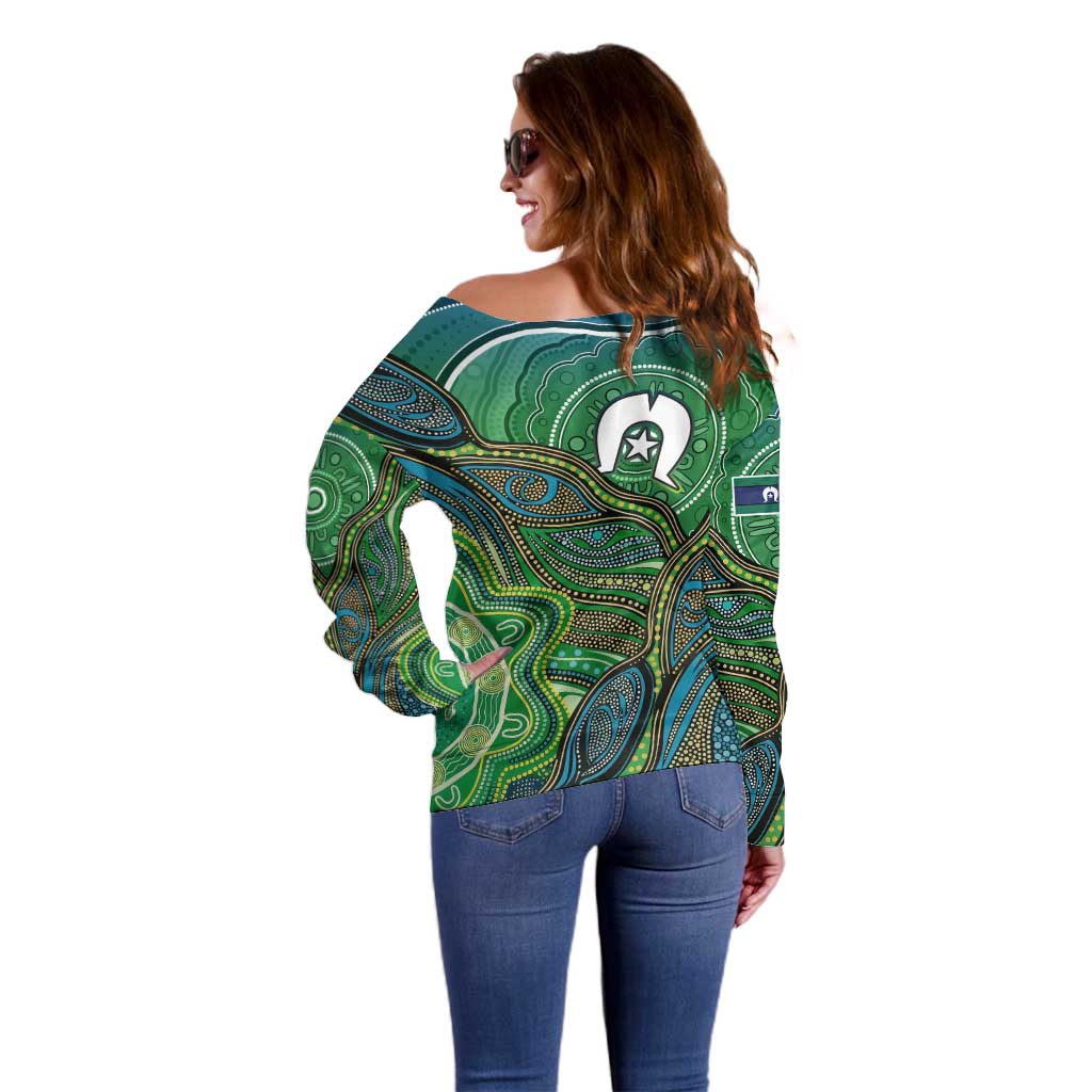Torres Strait Islands Off Shoulder Sweater Indigenous Ocean Wave Dot Green Color