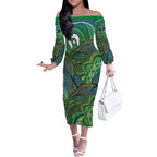 Torres Strait Islands Off The Shoulder Long Sleeve Dress Indigenous Ocean Wave Dot Green Color