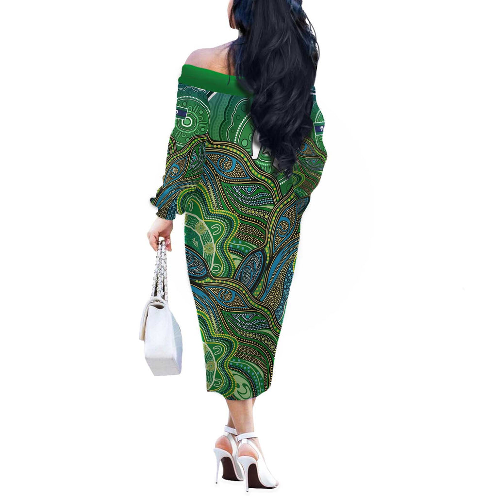 Torres Strait Islands Off The Shoulder Long Sleeve Dress Indigenous Ocean Wave Dot Green Color