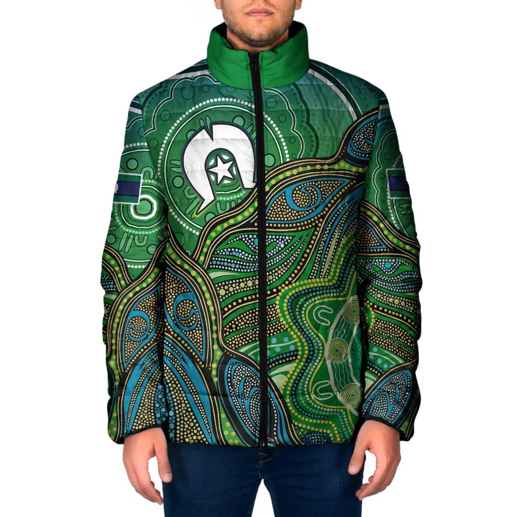 Torres Strait Islands Padded Jacket Indigenous Ocean Wave Dot Green Color