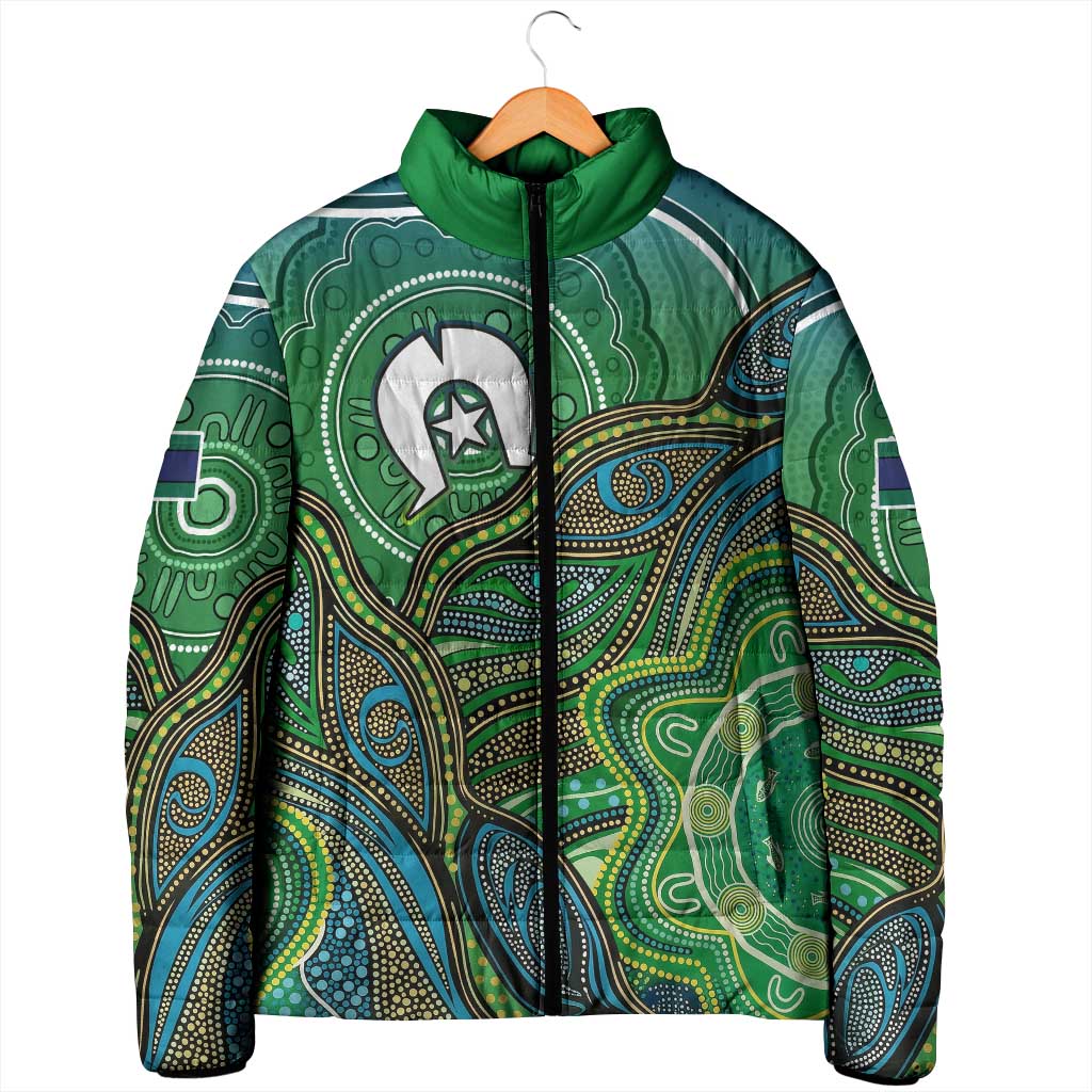 Torres Strait Islands Padded Jacket Indigenous Ocean Wave Dot Green Color