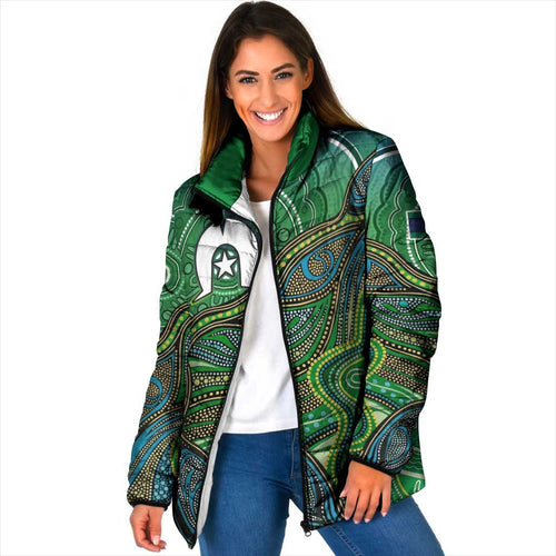 Torres Strait Islands Padded Jacket Indigenous Ocean Wave Dot Green Color