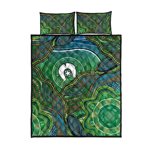 Torres Strait Islands Quilt Bed Set Indigenous Ocean Wave Dot Green Color