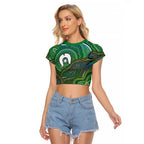 Torres Strait Islands Raglan Cropped T Shirt Indigenous Ocean Wave Dot Green Color