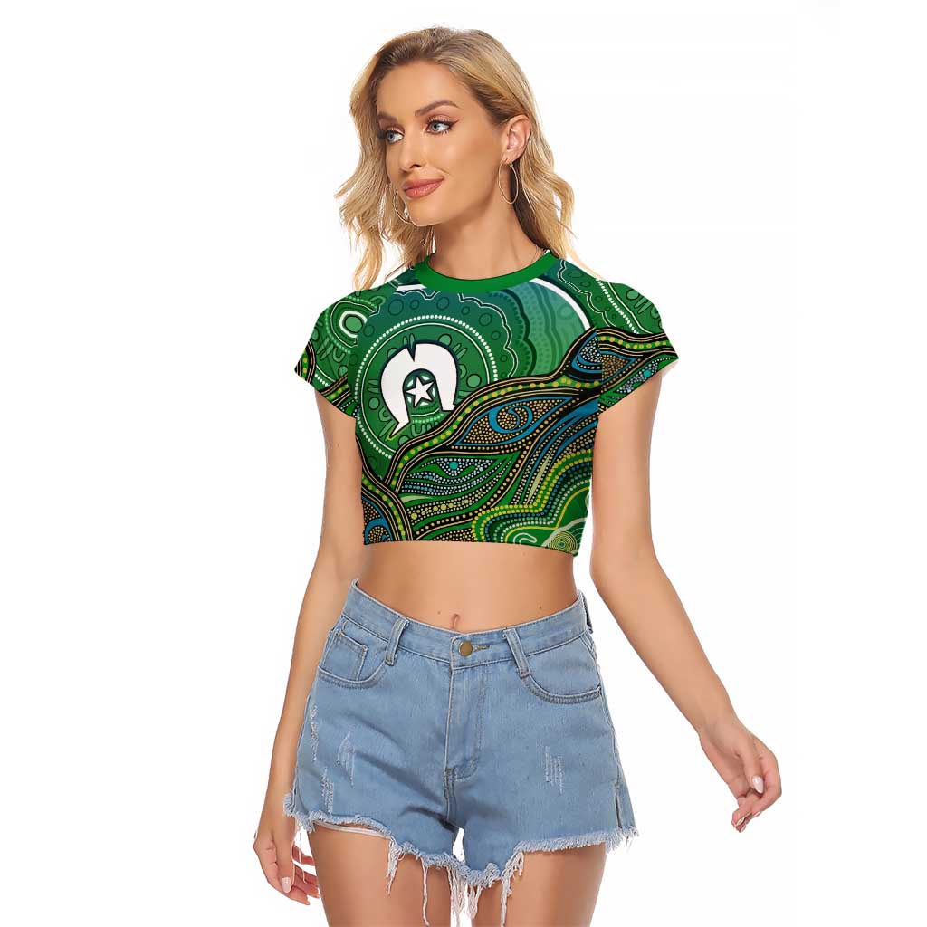 Torres Strait Islands Raglan Cropped T Shirt Indigenous Ocean Wave Dot Green Color