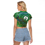Torres Strait Islands Raglan Cropped T Shirt Indigenous Ocean Wave Dot Green Color