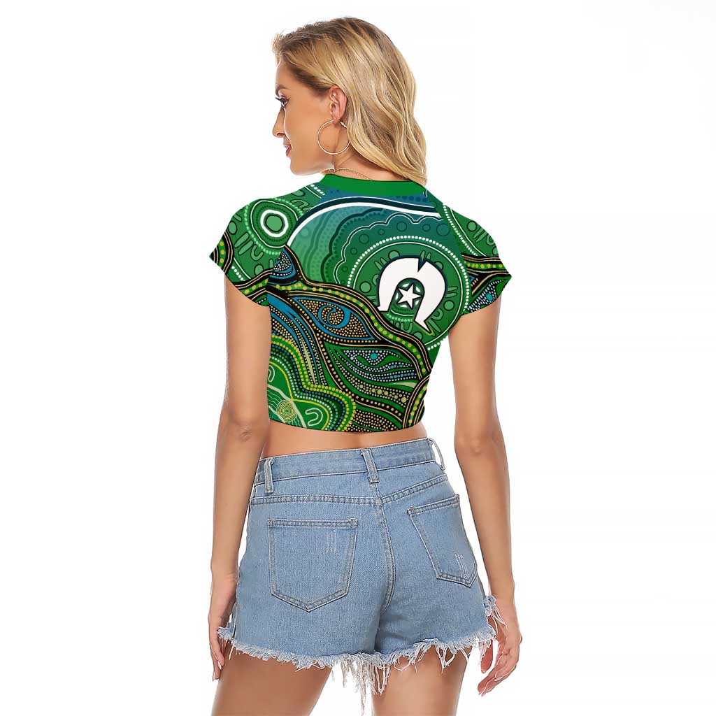Torres Strait Islands Raglan Cropped T Shirt Indigenous Ocean Wave Dot Green Color