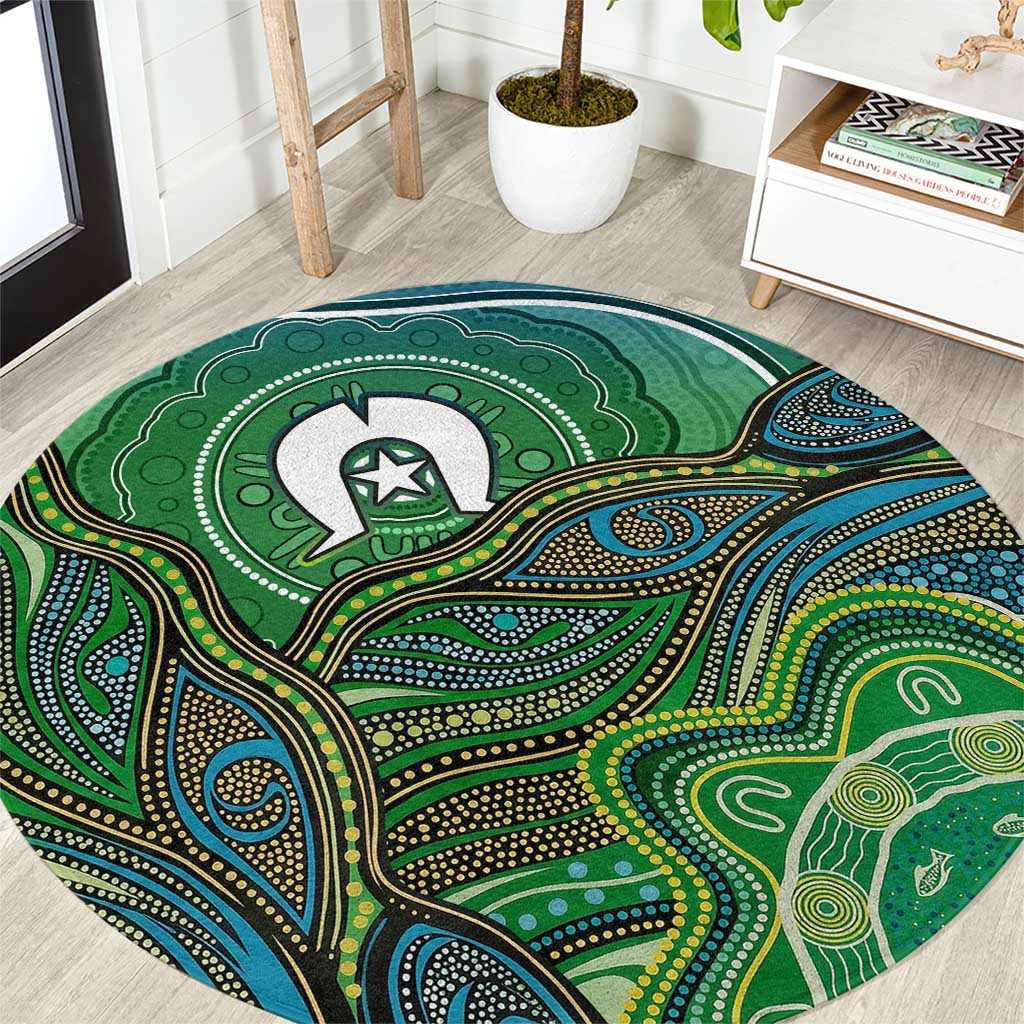 Torres Strait Islands Round Carpet Indigenous Ocean Wave Dot Green Color