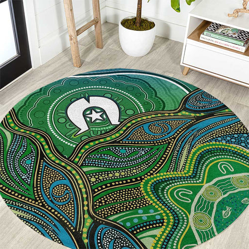 Torres Strait Islands Round Carpet Indigenous Ocean Wave Dot Green Color
