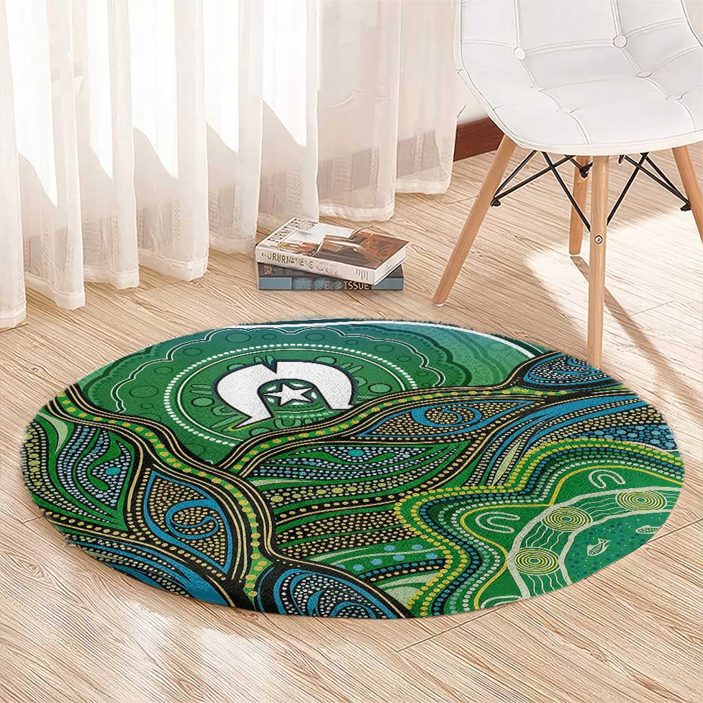 Torres Strait Islands Round Carpet Indigenous Ocean Wave Dot Green Color