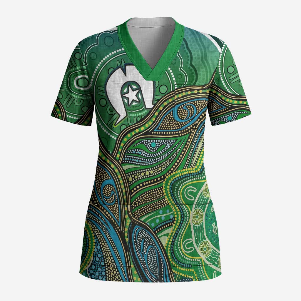 Torres Strait Islands Scrub Top Indigenous Ocean Wave Dot Green Color