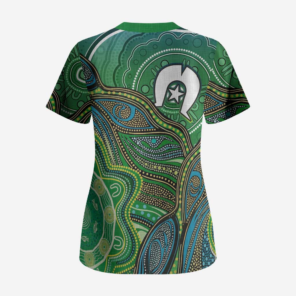 Torres Strait Islands Scrub Top Indigenous Ocean Wave Dot Green Color