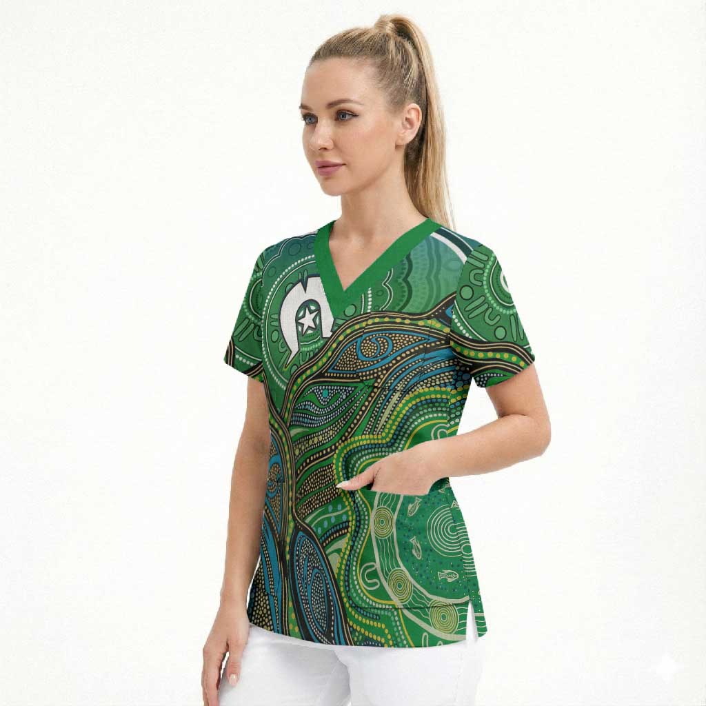 Torres Strait Islands Scrub Top Indigenous Ocean Wave Dot Green Color