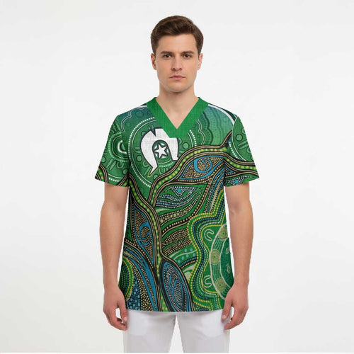 Torres Strait Islands Scrub Top Indigenous Ocean Wave Dot Green Color