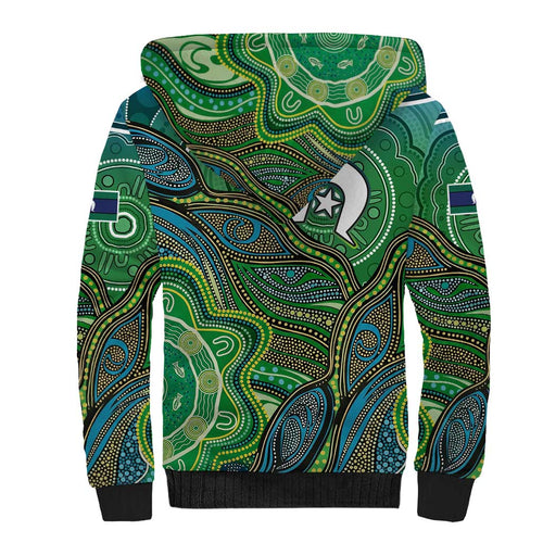 Torres Strait Islands Sherpa Hoodie Indigenous Ocean Wave Dot Green Color