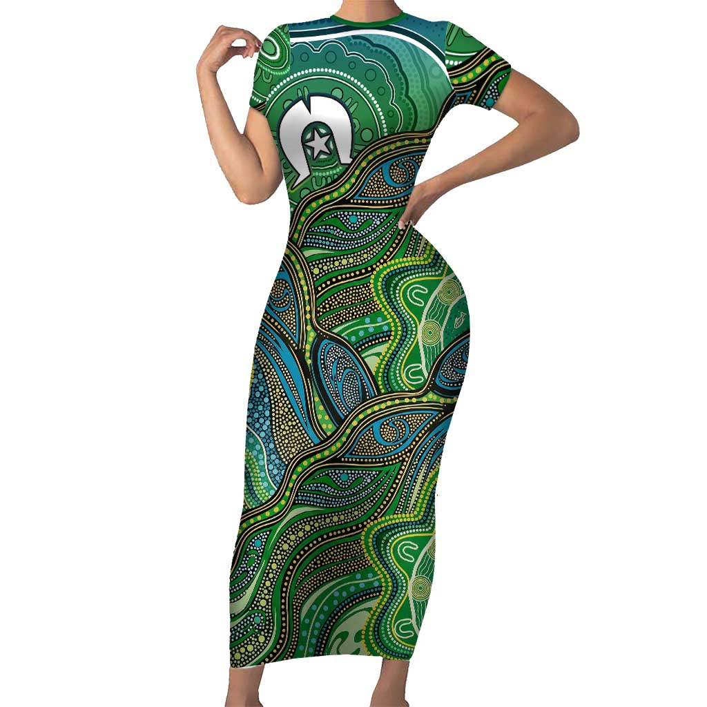 Torres Strait Islands Short Sleeve Bodycon Dress Indigenous Ocean Wave Dot Green Color