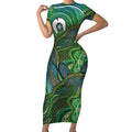 Torres Strait Islands Short Sleeve Bodycon Dress Indigenous Ocean Wave Dot Green Color