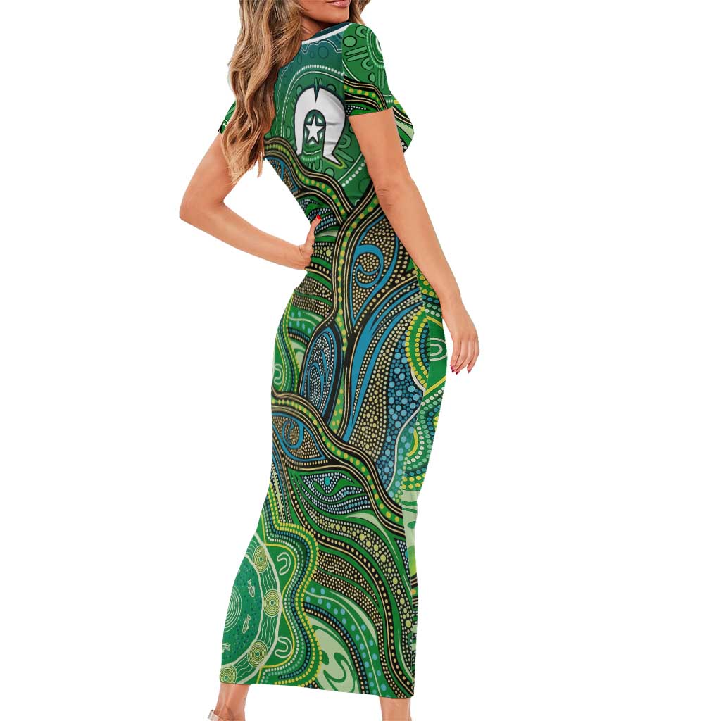 Torres Strait Islands Short Sleeve Bodycon Dress Indigenous Ocean Wave Dot Green Color