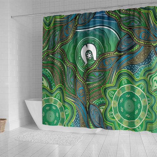 Torres Strait Islands Shower Curtain Indigenous Ocean Wave Dot Green Color