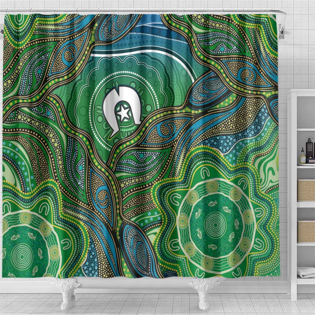 Torres Strait Islands Shower Curtain Indigenous Ocean Wave Dot Green Color