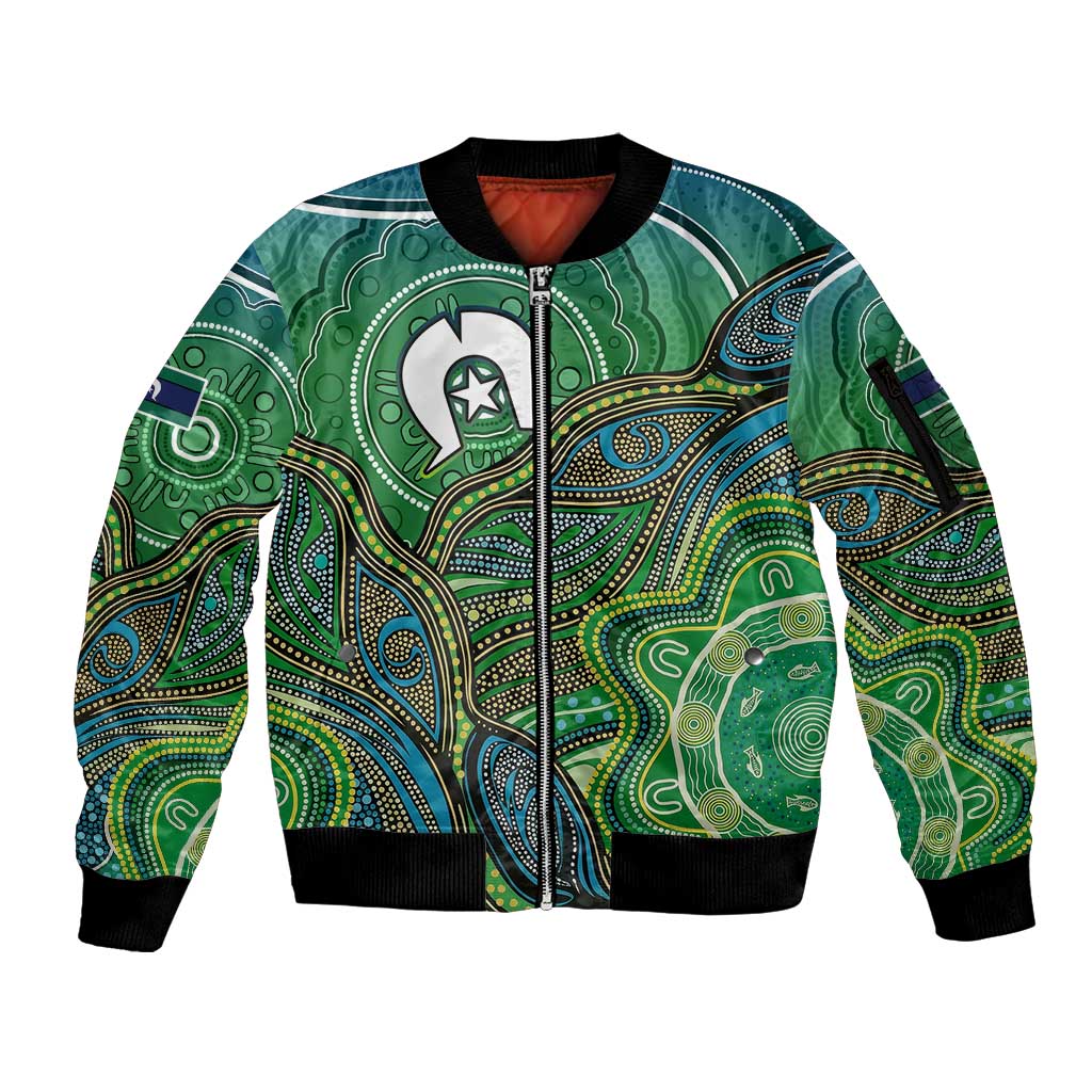 Torres Strait Islands Sleeve Zip Bomber Jacket Indigenous Ocean Wave Dot Green Color