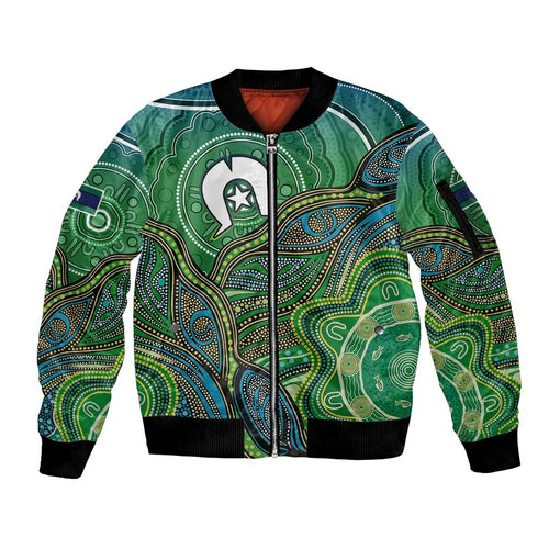 Torres Strait Islands Sleeve Zip Bomber Jacket Indigenous Ocean Wave Dot Green Color