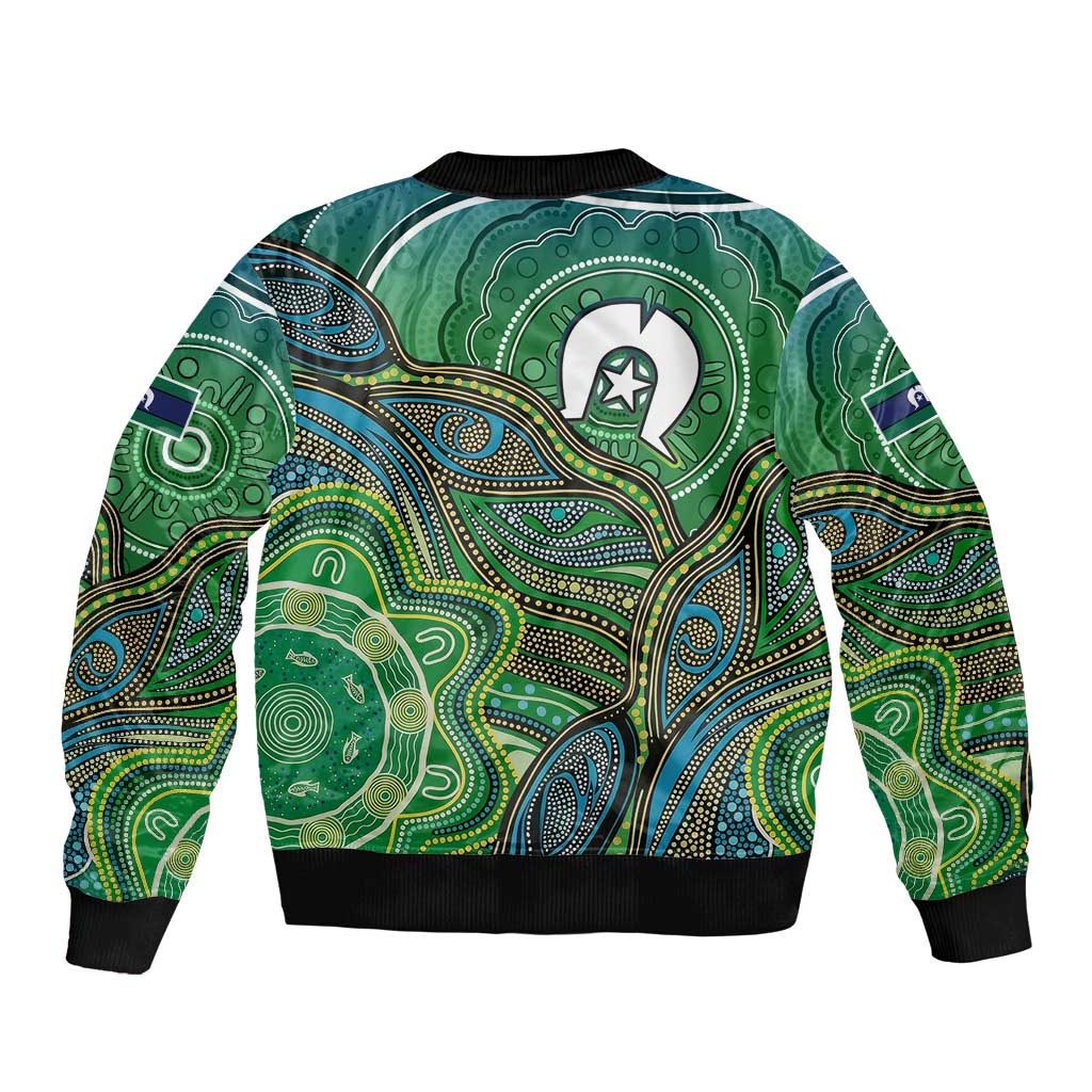 Torres Strait Islands Sleeve Zip Bomber Jacket Indigenous Ocean Wave Dot Green Color