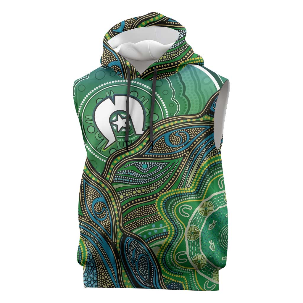Torres Strait Islands Sleeveless Hoodie Indigenous Ocean Wave Dot Green Color