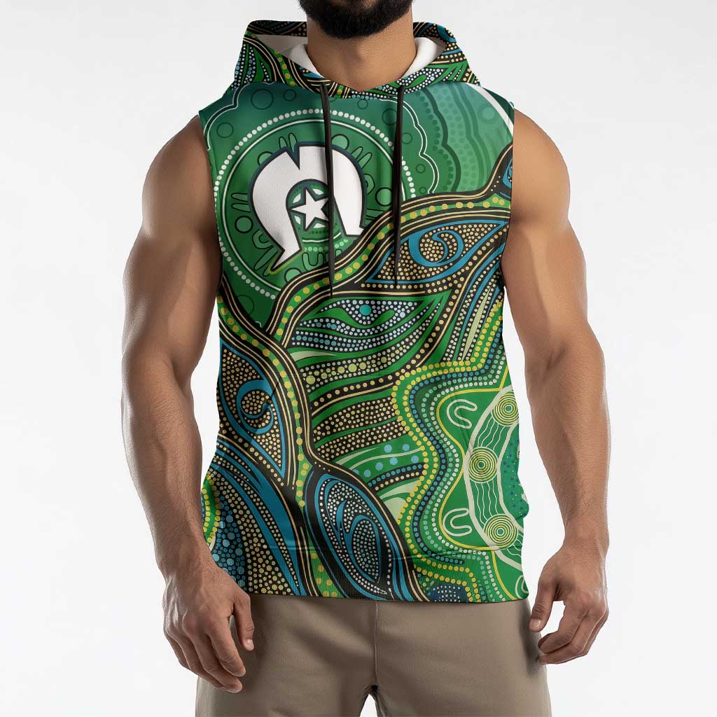 Torres Strait Islands Sleeveless Hoodie Indigenous Ocean Wave Dot Green Color