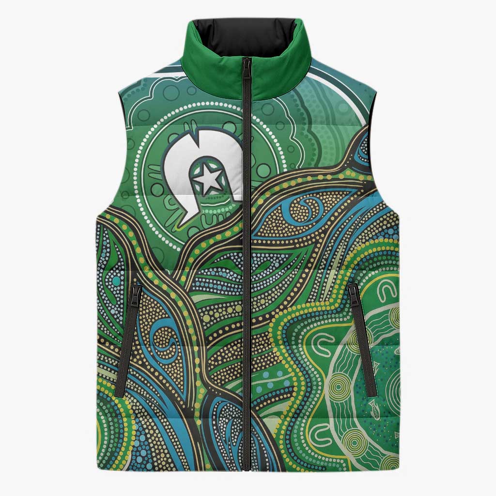 Torres Strait Islands Sleeveless Puffer Jacket Indigenous Ocean Wave Dot Green Color
