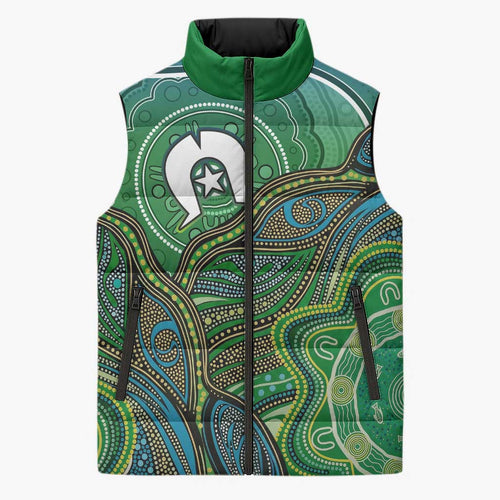 Torres Strait Islands Sleeveless Puffer Jacket Indigenous Ocean Wave Dot Green Color
