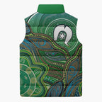 Torres Strait Islands Sleeveless Puffer Jacket Indigenous Ocean Wave Dot Green Color