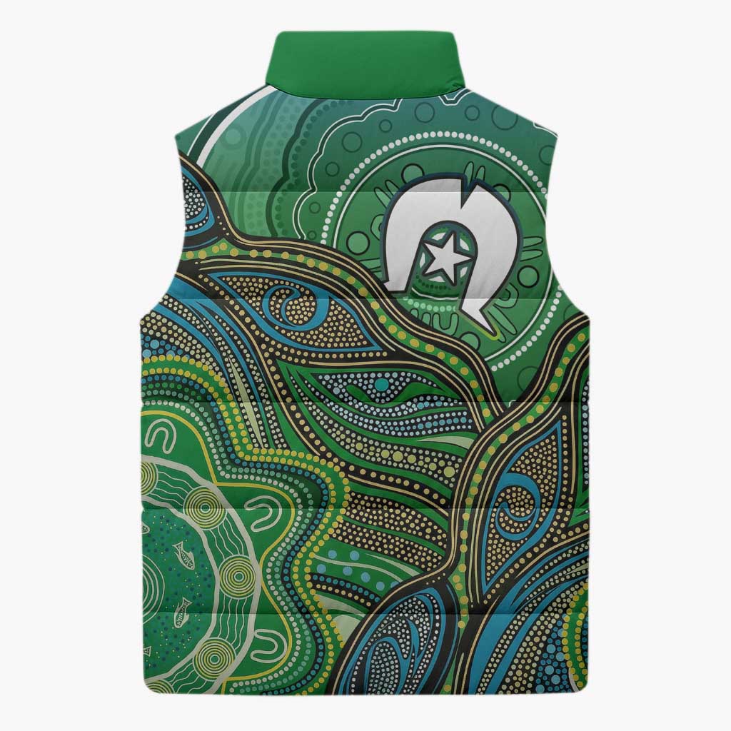 Torres Strait Islands Sleeveless Puffer Jacket Indigenous Ocean Wave Dot Green Color