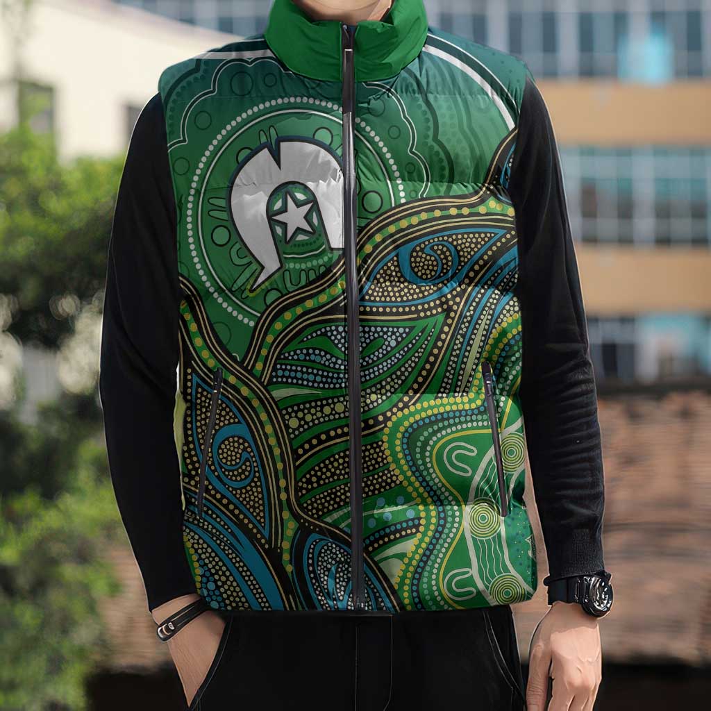 Torres Strait Islands Sleeveless Puffer Jacket Indigenous Ocean Wave Dot Green Color