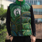Torres Strait Islands Sleeveless Puffer Jacket Indigenous Ocean Wave Dot Green Color