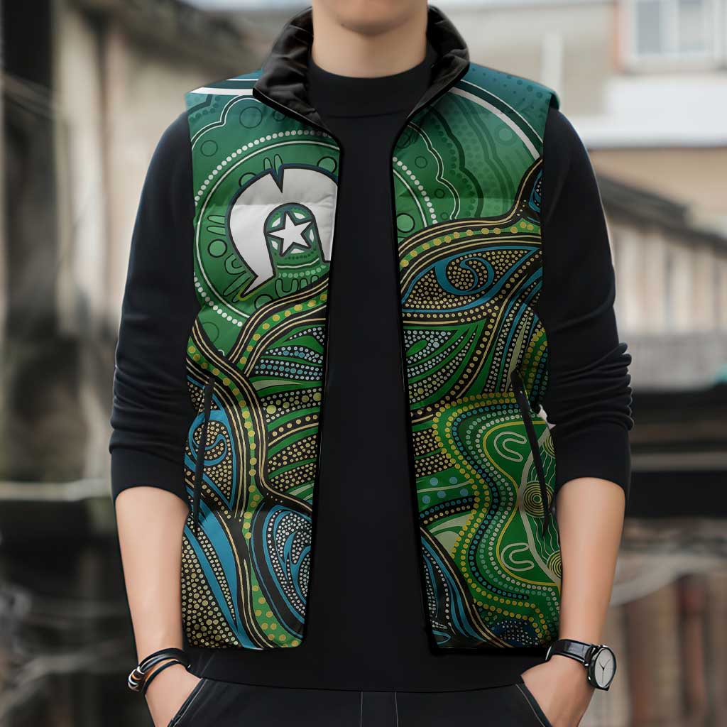 Torres Strait Islands Sleeveless Puffer Jacket Indigenous Ocean Wave Dot Green Color