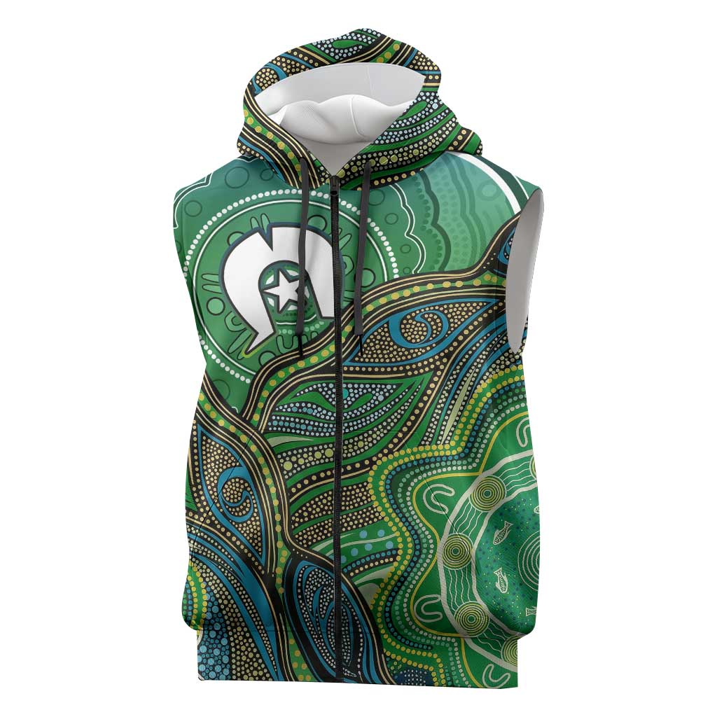 Torres Strait Islands Sleeveless Zip Hoodie Indigenous Ocean Wave Dot Green Color