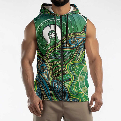Torres Strait Islands Sleeveless Zip Hoodie Indigenous Ocean Wave Dot Green Color