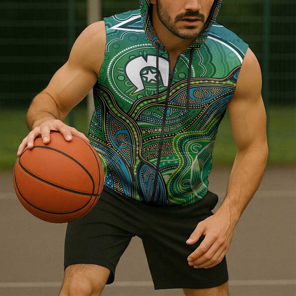 Torres Strait Islands Sleeveless Zip Hoodie Indigenous Ocean Wave Dot Green Color