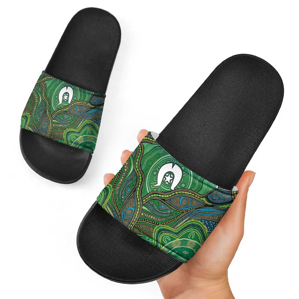 Torres Strait Islands Slide Sandals Indigenous Ocean Wave Dot Green Color