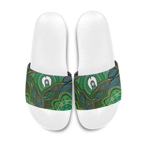 Torres Strait Islands Slide Sandals Indigenous Ocean Wave Dot Green Color