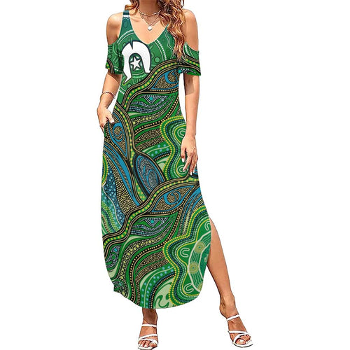Torres Strait Islands Summer Maxi Dress Indigenous Ocean Wave Dot Green Color