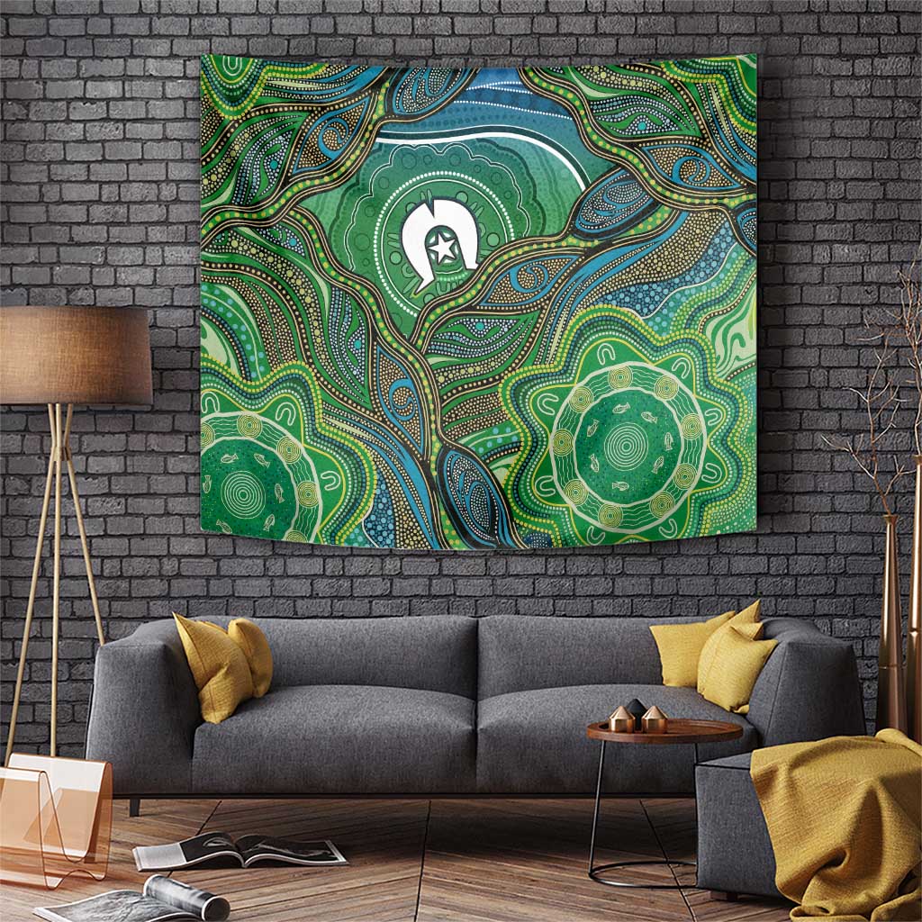 Torres Strait Islands Tapestry Indigenous Ocean Wave Dot Green Color