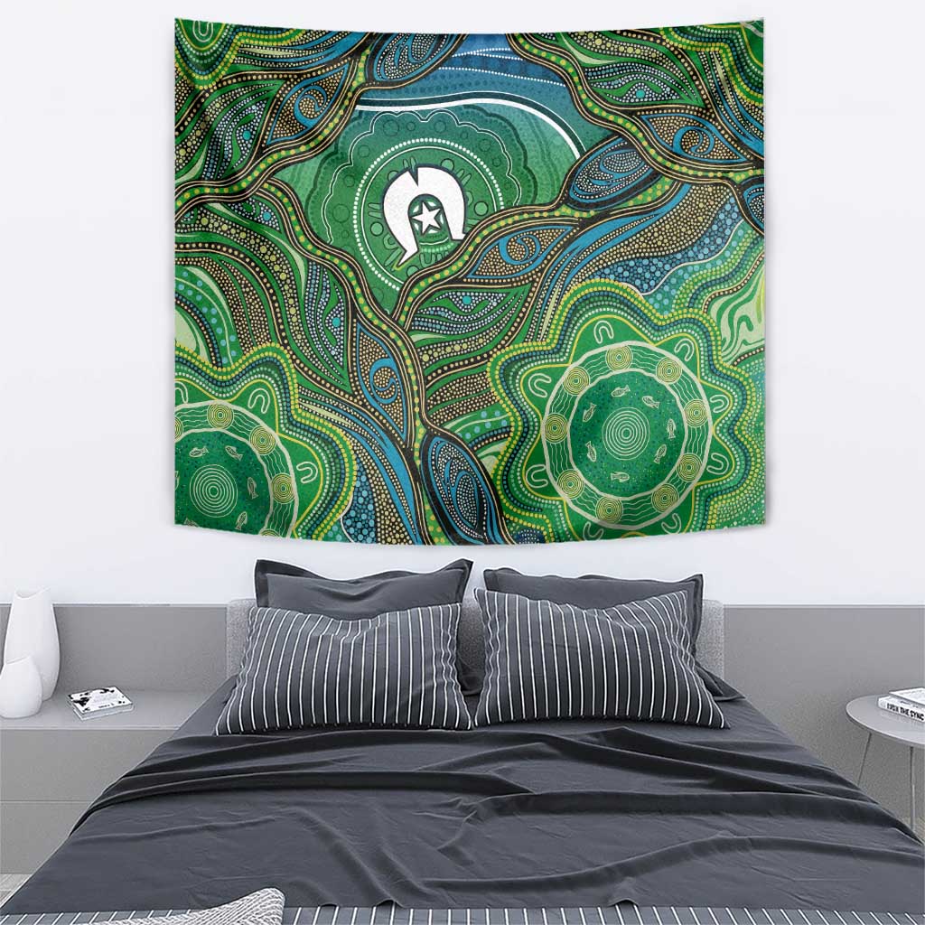 Torres Strait Islands Tapestry Indigenous Ocean Wave Dot Green Color