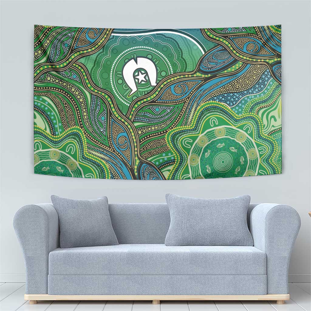 Torres Strait Islands Tapestry Indigenous Ocean Wave Dot Green Color