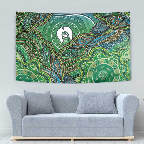Torres Strait Islands Tapestry Indigenous Ocean Wave Dot Green Color