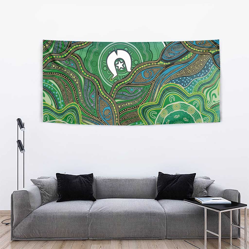 Torres Strait Islands Tapestry Indigenous Ocean Wave Dot Green Color